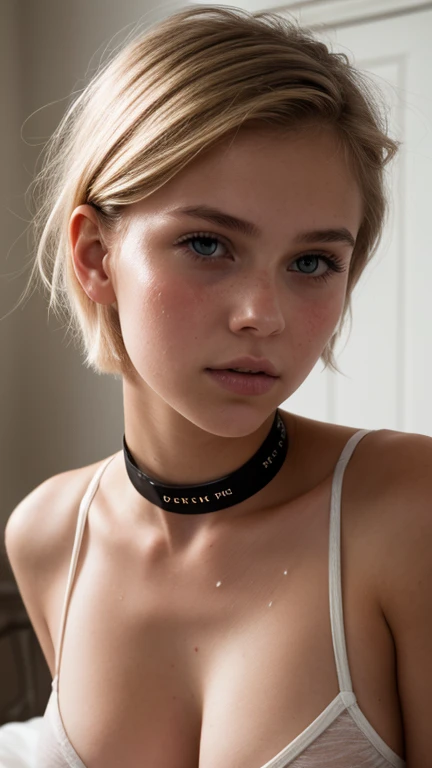 (((real photo))), 19 yo blonde teen girl . Full lips. Eyes wide. Very short hair, wearing a Wet blouse, well-trained body, (((sweaty skin))), choker