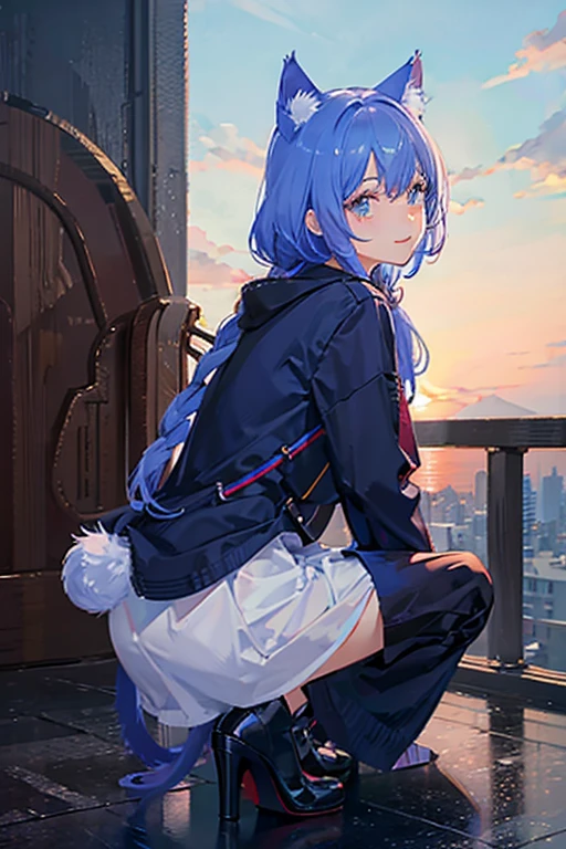 master piece, best quality, ultra detailed beautiful face and eyes,alone,A pretty girl,light blue hair,(((short fur))),((straight hair)),blunt bangs,((white eyes)),( (tareme)),makeup,flat chest,hood,short pants,nails,hoop earrings,peace,happy,open mouth,(city),medium chest,thick legs,thick thighs