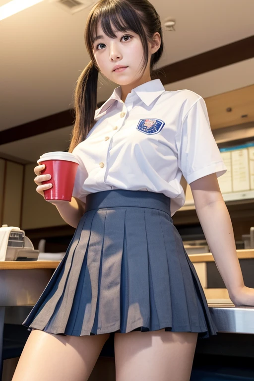 Fast food restaurant clerk Japanese female college student２０Old side pony。
Uniform with emphasis on breasts。
Super mini pleated skirt。
An angle looking up from the thighs into the skirt。
Panties peeking out from under the skirt. Mucus seeps out from the panties.。
