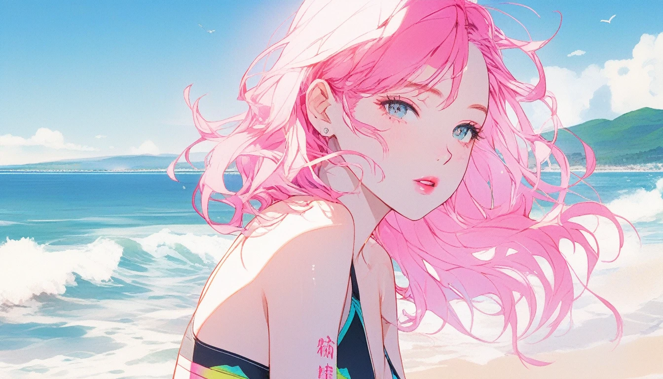 Illustrator, anime , Realistic ,sketch ,1girl, lip, Swimwear,order,Textured Trim, (masterpiece,Highest quality) , Neon Hair,Canadian, (masterpiece,Highest quality) Cancer,Strong sunlight、Seaside、