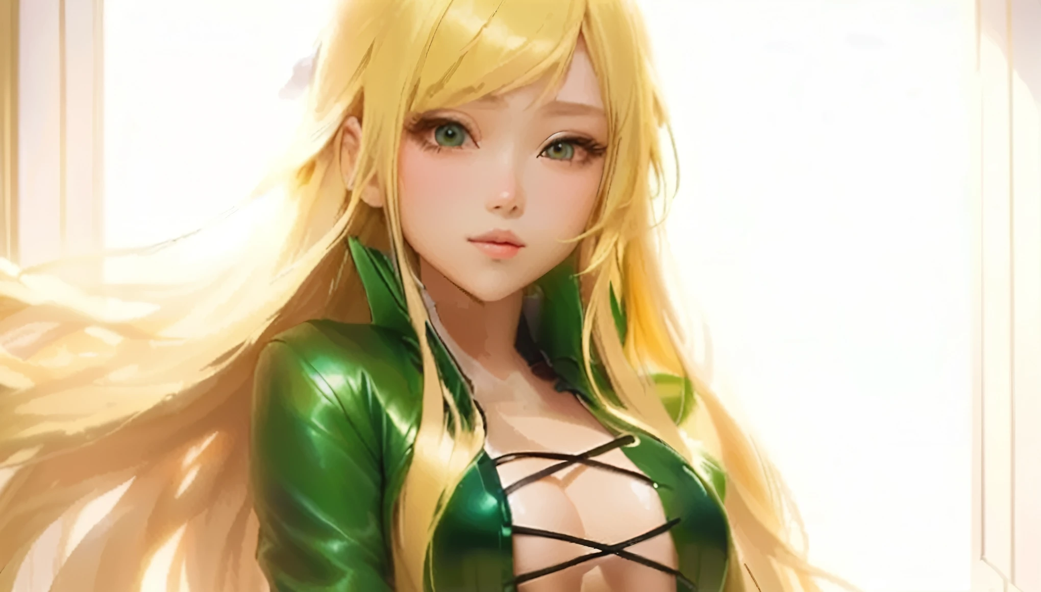 Korean、Anime girl with blonde hair and wearing a black-green leather long dress is posing for the camera, blonde anime girl with long hair, Created by Anime Painter Studio, The finer details. Girls' Frontline, Painted in an anime artist's studio, Detailed digital anime art, Portrait of a female anime hero, Detailed portrait of an anime girl, Digital anime illustration, from Girls' Frontline, anime style like fate/Stay Night