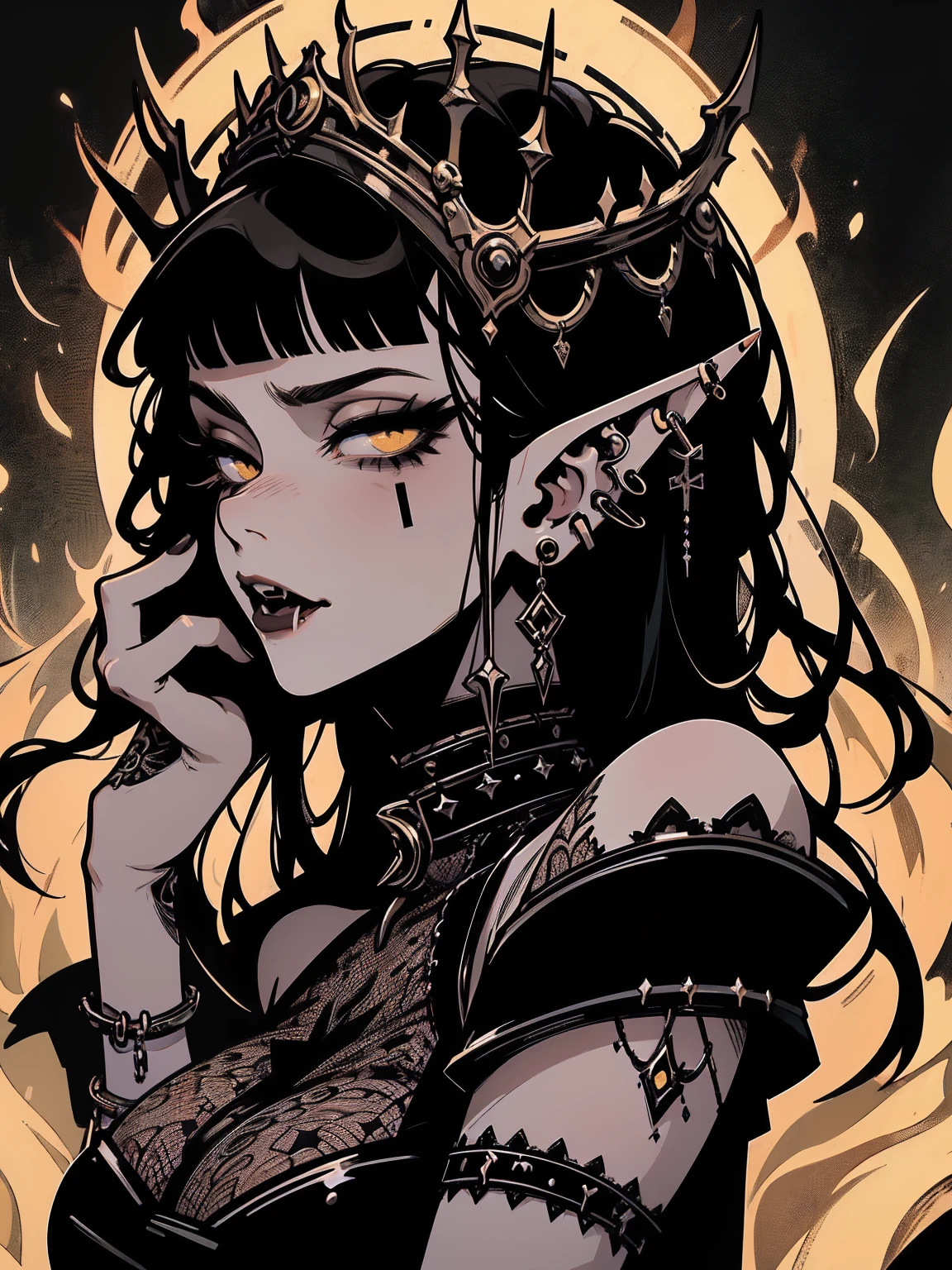 high détail, work of art, dramatic lighting(absurderes, high resolution, ultra detaild), extremely detailed 8k CG unit. mature face, adult Woman, Woman, mature Woman, elf, piercings, Short Wavy Black Hair and Bangs, fangs, yellow eyes, modest black clothes, mad expression, whole body.
