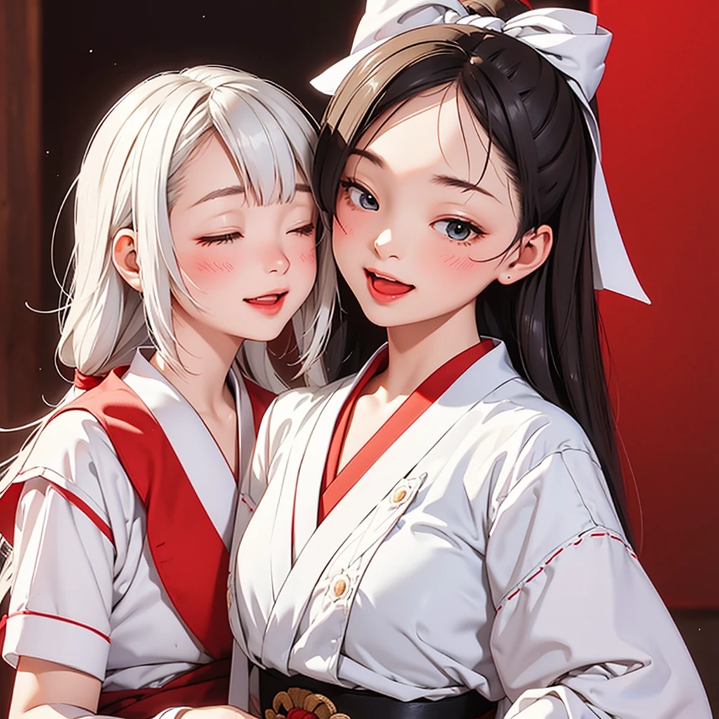 2 girls, masterpiece, Highest quality, Highly detailed CG Unity 8k wallpaper, High School Girl Anime Illustration. Wearing a red and white kimono, Sit upright, Lean your upper body forward, And then bow., Both expressed their gratitude.., seiza, The background is red and white vertical stripes, Close your eyes and open your mouth, Big smile, Facing the viewer