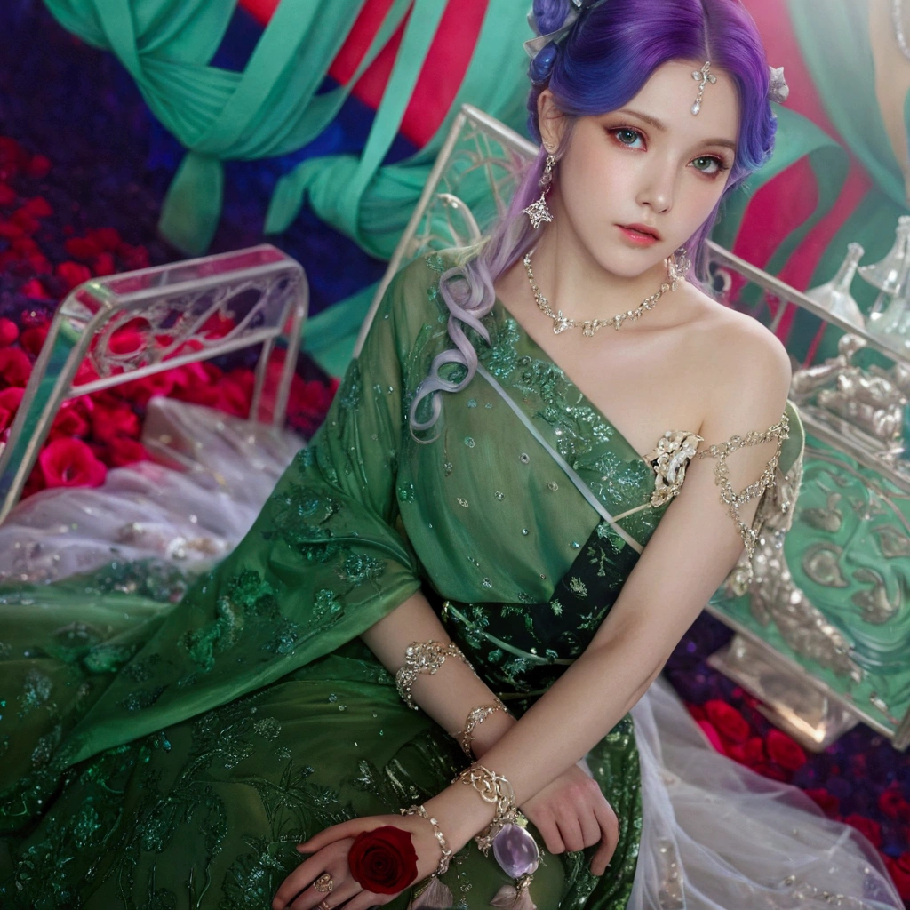1girl, long hair, bright hair color, seductive eyes, mysterious expression, mature appearance, charming dress, flowing dress, elegant jewelry, intricate decoration, magic symbols, glowing accessories, potions, scrolls, cute accents, bows, ribbons, flowers,