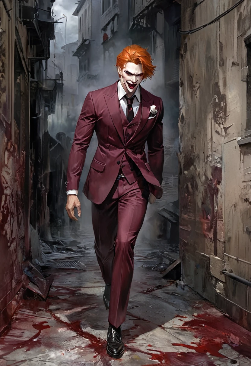 Realistic Digital Painting with Concept Art Elements"," digital painting," "concept art," "realistic," "high detail", "muscular",, "high-res", "ominous aura,", "8k resolution", "oil painting", "darker tone" , "little saturation" ,"dark feeling", "dirty art-style", "concept art" , "detailed features" , "detailed eyes" , "1 man" , "vampire" , "ginger hair" , "fangs" , "bloody lips" , "bloody chin" , "full body" , "burgundy-suit" 