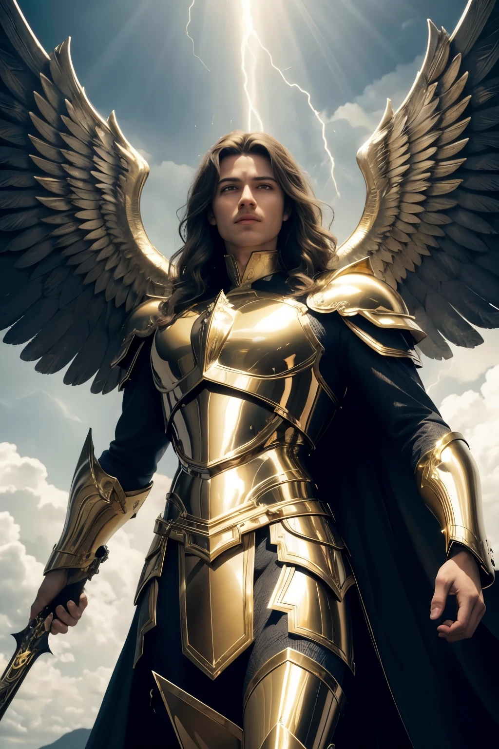 Archangel Michael in a majestic and heroic pose. He's dressed in shiny armor, with intricate details in gold and silver. Its wings are huge and imposing, with bright feathers that reflect light. In the right hand, he holds a flaming sword, and on the left, a shield adorned with angelic symbols. The background is a dramatic sky, with dark clouds and rays of light penetrating. At dinner it transmits power, courage and divinity, with a realistic and detailed style.