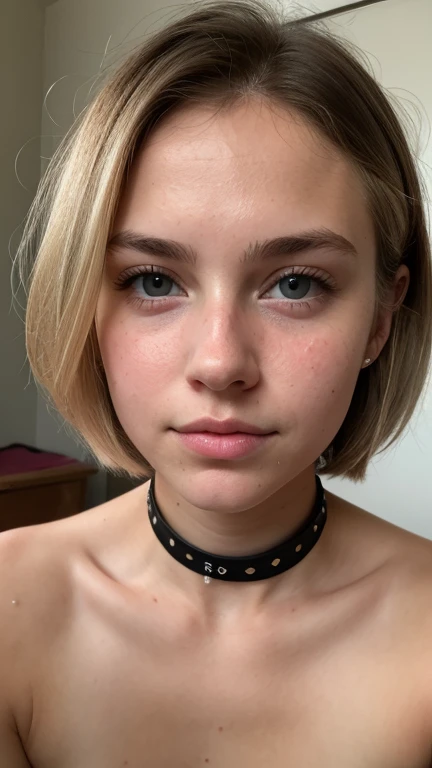 Beautiful Art, 18 yo blonde teen girl . Full lips. Eyes wide. ((Very short hair)), well-trained body, ((sweaty skin)), choker,