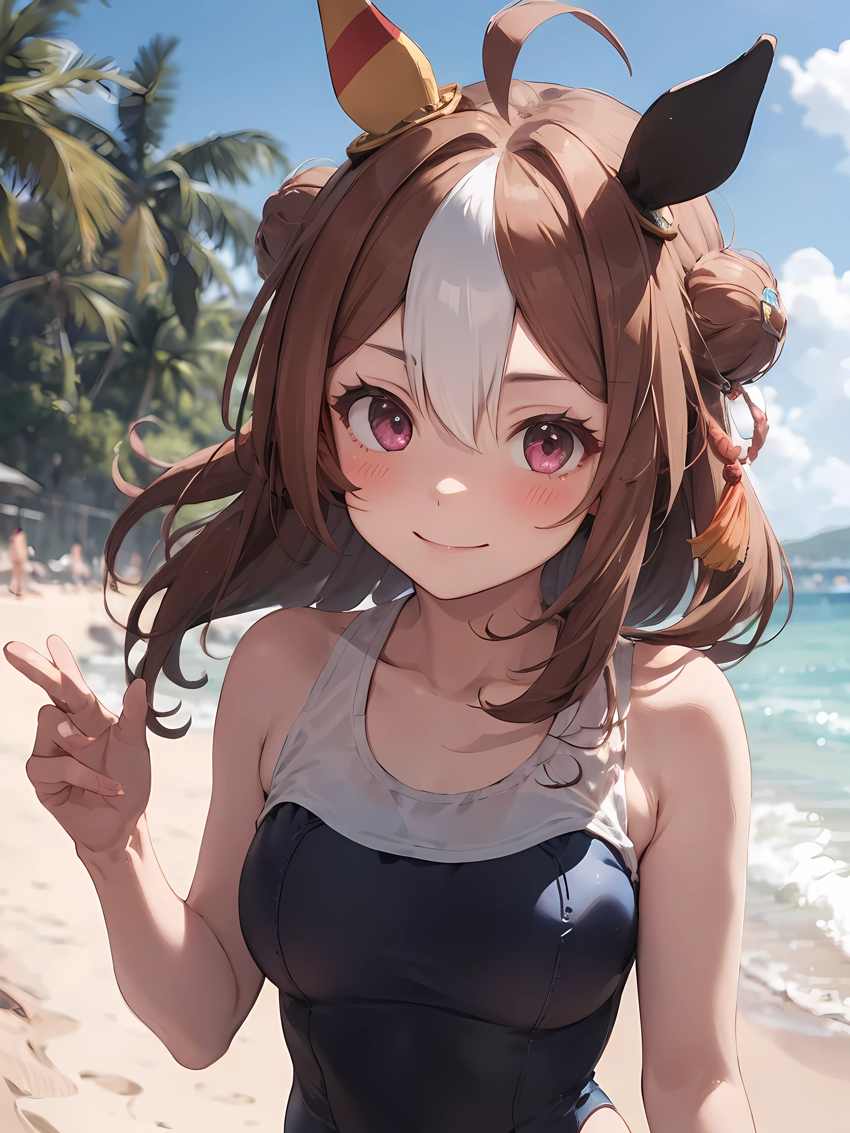 (masterpiece, best quality, perfect face:1.4) looking at viewer , walking, smile, blush, copano rickey \(umamusume\), (School swimsuit:1.2), cowboy shot, beach, Sand castle, tree, wave, wind