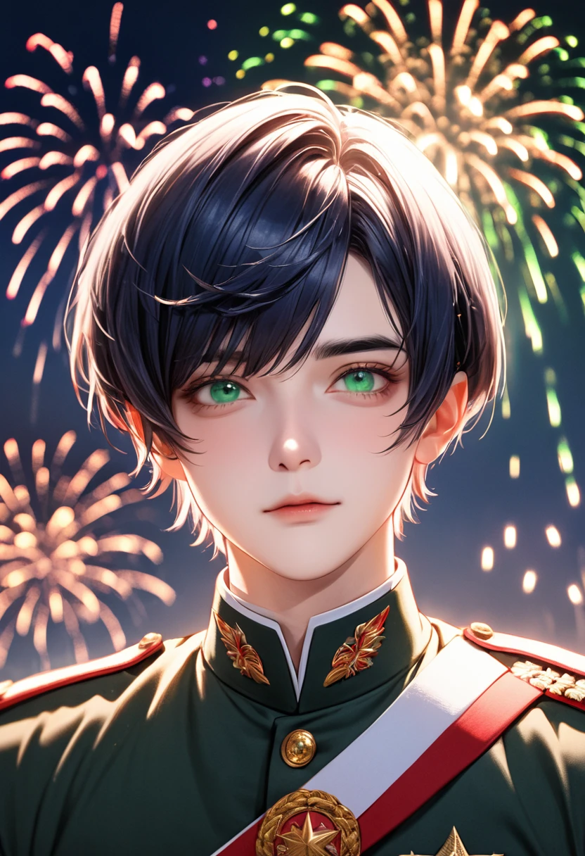 1 male　Short dark blue hair and eyebrows　Bangs parted above the right eye　Deep green eyes 　Red and white military uniform 　firework