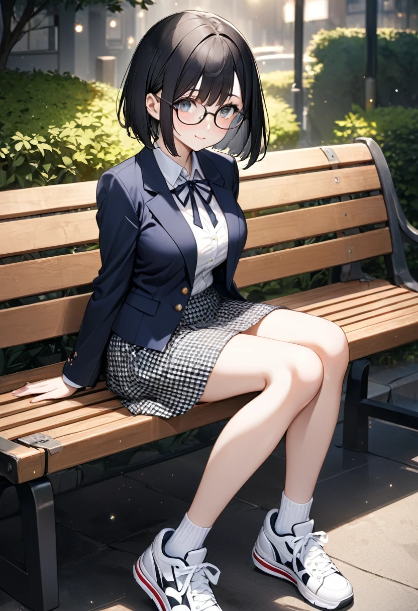 (Beautiful 18 year old Japanese woman), Cute Face, blazer,Ribbon tie,Checkered Skirt, Glasses,tiny socks,sneakers,(Deeply chiseled face:0.7), (freckles:0.6), Soft Light,Healthy white skin, Black Hair,Bobcut, (white panties), (Sparkling eyes), thin, full body shot,Very large breasts,,Sitting on a bench