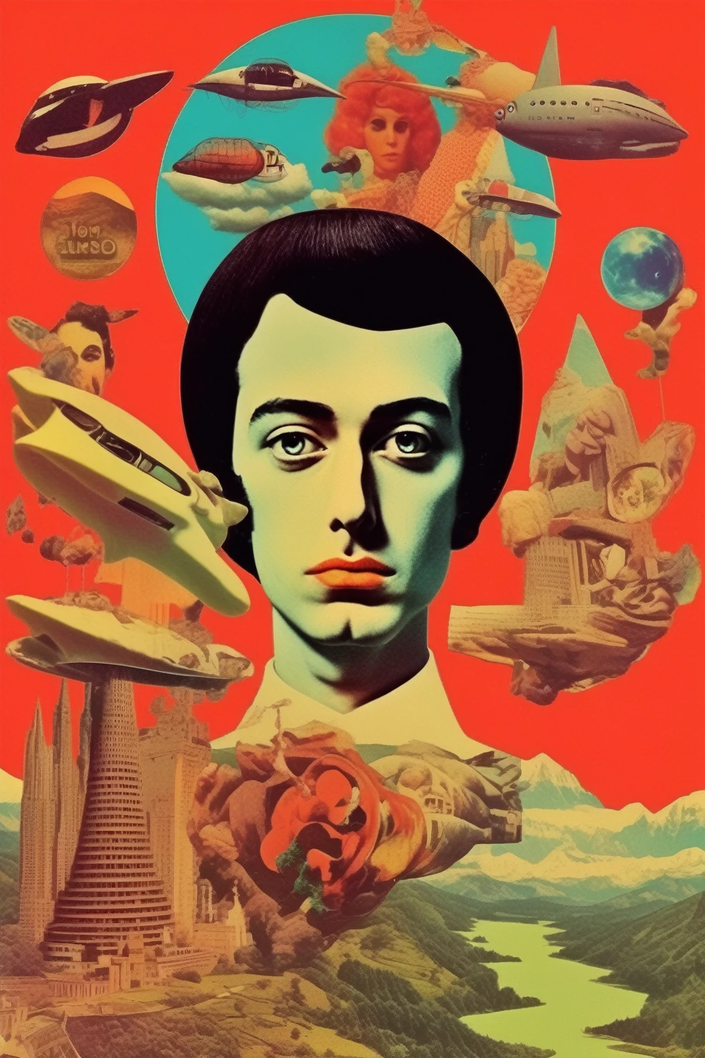 Victor Moscoso Style - surreal collage in the style of Tyler Spanglerno text