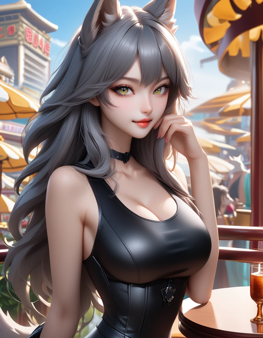 Cowboy Shot、A human-wolf hybrid girl、(Beautiful detailed wolf nose and mouth:2.0)、beard、Long grey hair、Beautiful detailed skin、Slim fit body、Large Breasts、Six Pack Abs、Bunny Girl Costume、Bunny ears、Raise two hands to show armpits、Casino Background、 (Highest quality、4K、8k、High Resolution、masterpiece:1.2)、Super detailed、(Real、Photorealistic、Photorealistic:1.37)、Detailed eyes、Detailed face、gorgeous、elegant、Impression