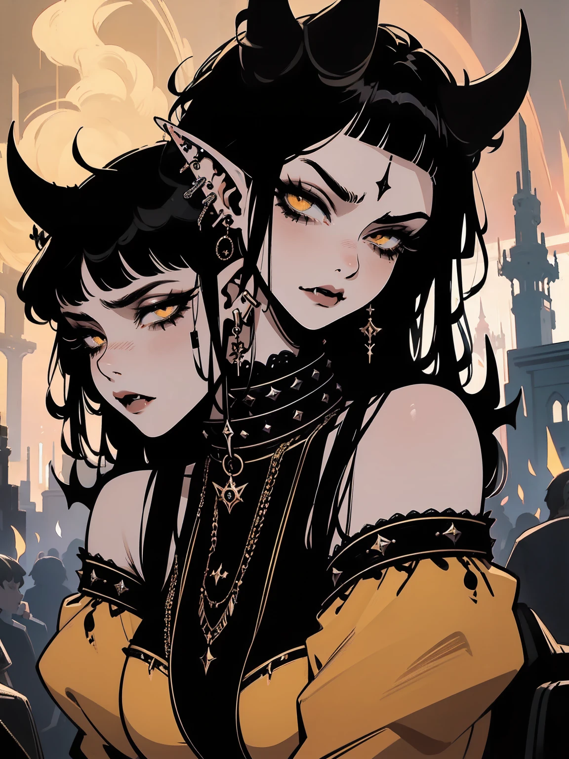 high détail, work of art, dramatic lighting(absurderes, high resolution, ultra detaild), extremely detailed 8k CG unit. mature face, adult Woman, Woman, mature Woman, elf, piercings, Short Wavy Black Hair and Bangs, (black hair), fangs, yellow eyes, modest black clothes, mad expression, whole body.