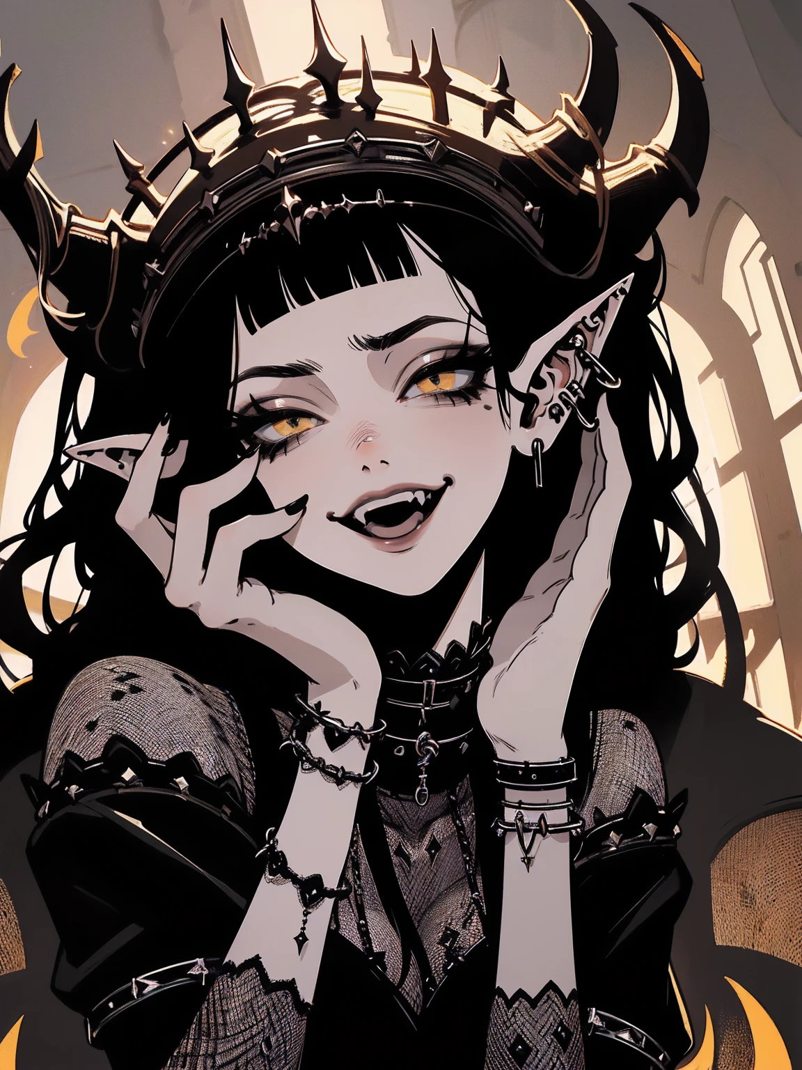 high détail, work of art, dramatic lighting(absurderes, high resolution, ultra detaild), extremely detailed 8k CG unit. mature face, adult Woman, Woman, mature Woman, elf, piercings, Short Wavy Black Hair and Bangs, fangs, yellow  eyes, modest black clothes, mad expression, whole body.