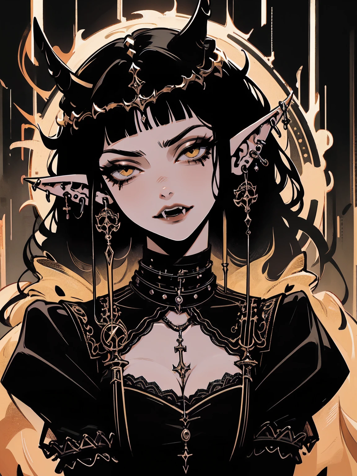 high détail, work of art, dramatic lighting(absurderes, high resolution, ultra detaild), extremely detailed 8k CG unit. mature face, adult Woman, Woman, mature Woman, elf, piercings, Short Wavy Black Hair and Bangs, (black hair), fangs, yellow eyes, modest black clothes, mad expression, whole body.