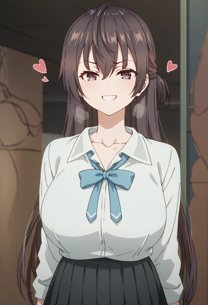 Huge breasts、Grin、Sweat、In the heat、Yuki Suou, brown hair, long hair, purple eyes, collarbone, hair between eyes、
{Highest quality}, {so beautiful}, {Very detailed}, {Best illustrations},Life、slim:1.5、White shirt(tight)、Blue tie ribbon、Are standing、Grey pleated skirt、、A heart that is about to burst