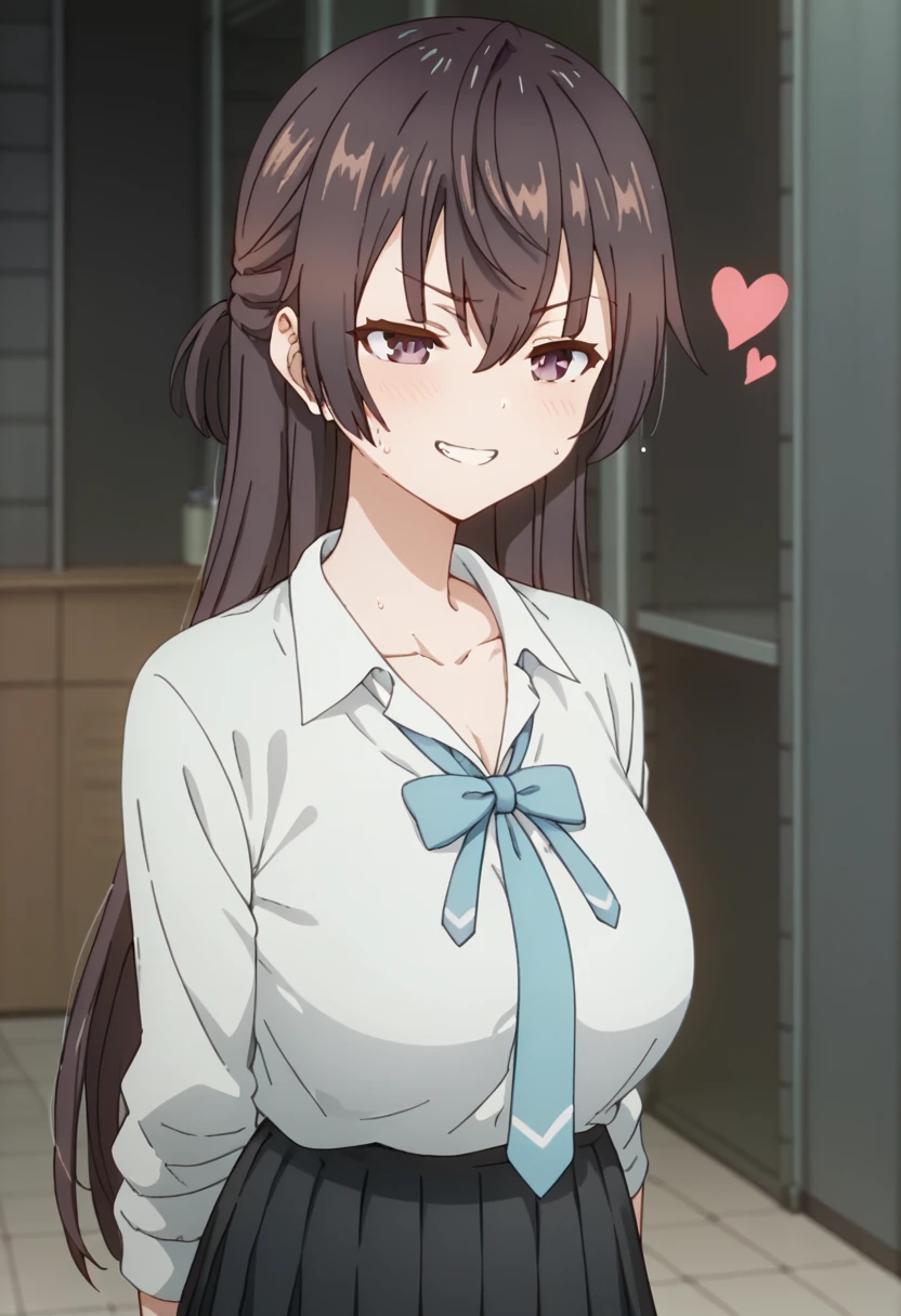 Huge breasts、Grin、Sweat、In the heat、Yuki Suou, brown hair, long hair, purple eyes, collarbone, hair between eyes、
{Highest quality}, {so beautiful}, {Very detailed}, {Best illustrations},Life、slim:1.5、White shirt(tight)、Blue tie ribbon、Are standing、Grey pleated skirt、、A heart that is about to burst