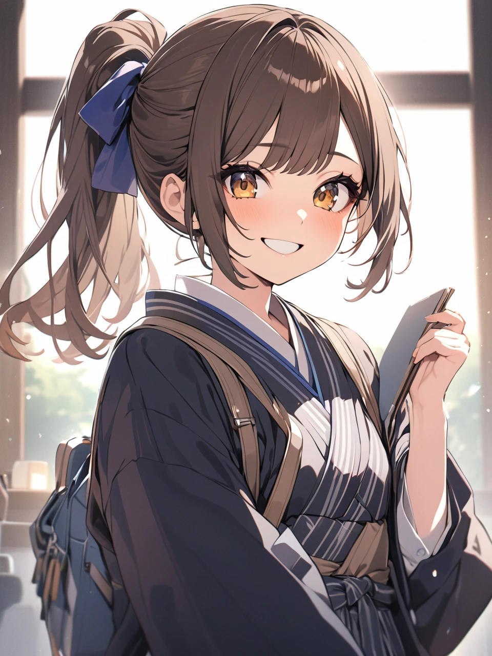 Highest quality, Highest quality, 16K, Very detailed, Japanese women,18-year-old,cute,university student,ponytail,Brown Hair,Shiny Hair,smile,Wink