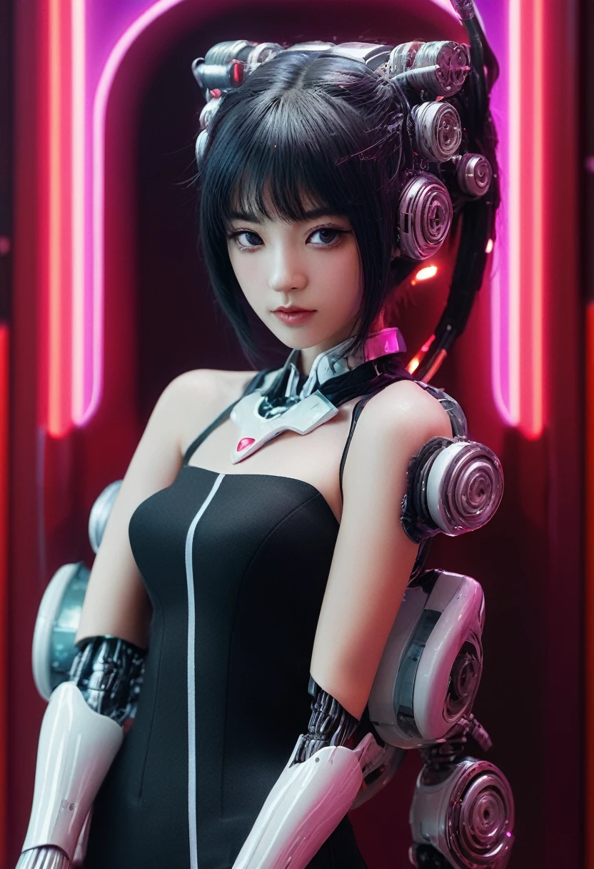 xxmixgirl. Highly detailed professional 35mm film, bokeh, face in sharp focus. A robotic female, Miku, with ((metal skin)), ((perfect Asian eyes)) with magenta irises and ((black pupils)), beautiful serious (detailed face), 18 year old ((photorealistic face)), very long magenta twin tails of magenta hair, twin black hair ties with a single red stripe. She may have a black audio headpiece. We can see her ((full body)) down to her boot soles. Her outfit is a sleeveless collared light grey shirt, outlined in red around the frilled collar and hems. Shiny reflective ((metallic breast cups, dimpleless)), invisible nipples. She wears black sleeves with red hems that start around her upper arm and bellow out as the sleeves open and extend to her wrists, with wide trumpet red rimmed cuffs. She has perfect robotic (detailed hands). She wears a red colored tie with two horizontal solid parallel black lines halfway across. She wears a fabric black skirt with a horizontal red hem at the bottom all the way around; her (((black skirt wraps around her))) and ((her skirt completely covers)) her robotic waist and thighs. Tall black boots with red bottom soles, a red rim around the top at her thighs. Her mechanical shoulder joints are visible. We can see her robotic legs and robotic neck. Half of her is covered with shiny polished machinery. The background is a distant dark neon futuristic Japanese city, gold, cyan, violet neon, near harbor or mountains.
