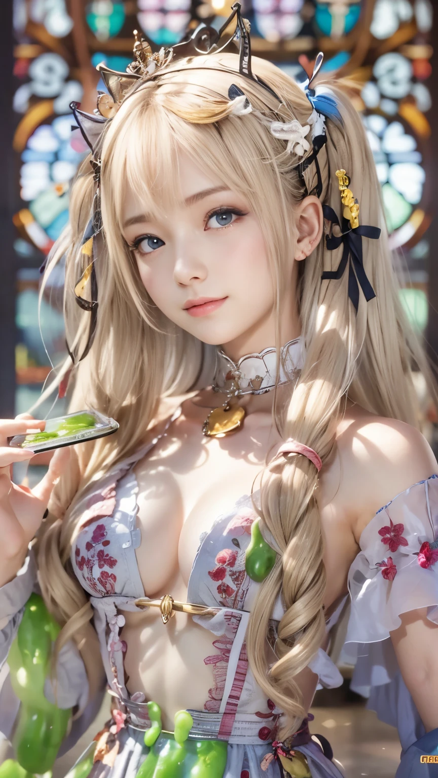 (game magazine cover:1.3), Highest quality, Highest quality, 16K, Unbelievably absurd, Very detailed, 2.5D, delicate and dynamic, city, Stained glass, , , , Small pale light and colorful light, Many light sources, 巨大なComplex模様のmagic陣, magic, Small face, Very delicate appearance, Delicate eye depiction, Upper body close-up,, erotic, Dynamic sexy pose, Sexy Woman, Healthy body shape, 19 year old woman, doaxvv_Marie Rose, Supermodel, height: 150cm, huge bouncing busts, , Very long wavy blonde hair, Twin tails, , Glaring at the camera, look up, Lure, Complex, Gothic long dress, , Green long skirt, , Brown Loafers, independent, (Put white slime on your head:1.6)