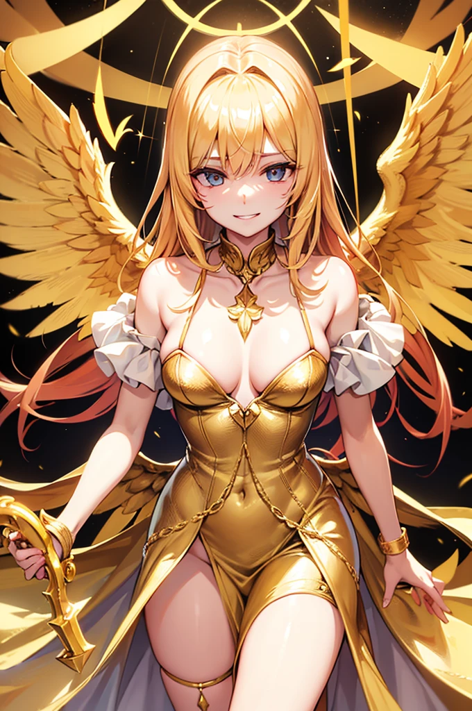 Create an angel with 4 pairs of golden wings, with evil smile, make him male, with golden hair