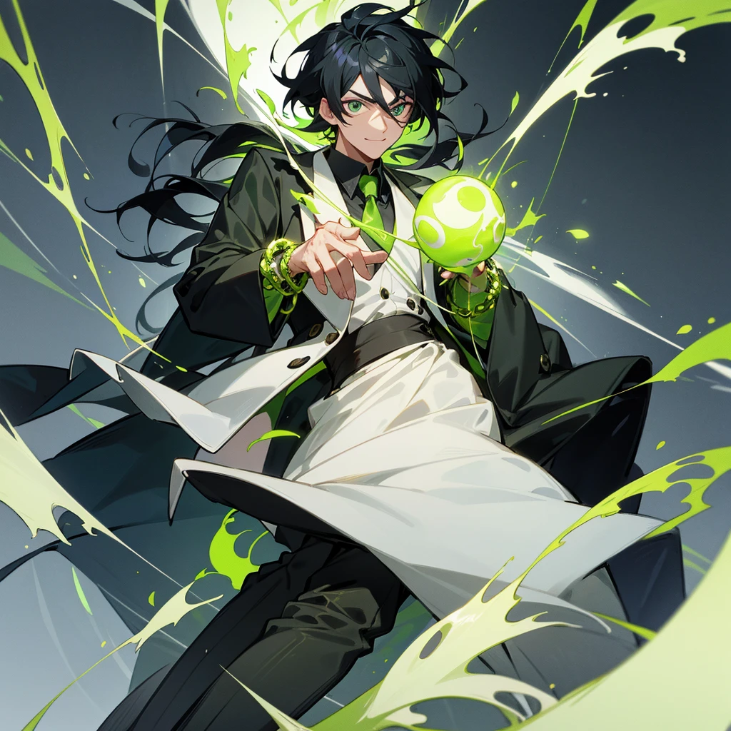 1 man with black hair , wearing a black overcoat covering his white shirt with a lime green tie and black dress pants with pockets and chains while wearing a white scarf with a tall white background with a smile and casting a spell in the form of a lime green time clock with his hair looking like Meliodas with a masculine but beautiful face with green flaming chains