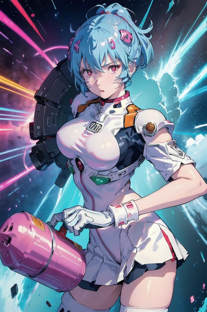 RAW Image Quality, A super cute girl is wearing a pink jacket armor, Mechanical Wing, Space War Background, Rainbow Aura Body, Supernova Power, Light blue hair, Red eyes, Perfect body, sexy, Neon glow, Beam sabre, sad mood, Very detailed, Preparing for battle, mecha musume, Beautiful Eyes, Detailed face,