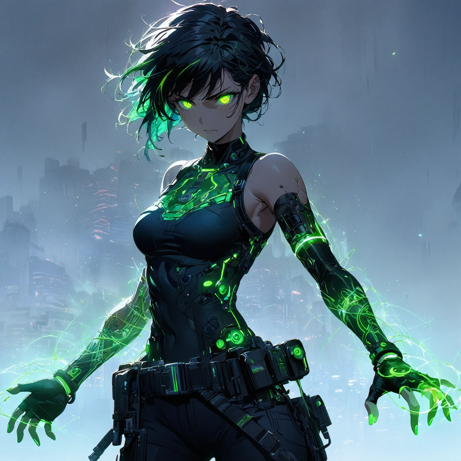 a girl with Slim, athletic build,Short, edgy hair with streaks of neon green,Intense, glowing green eyes,Fitted, (nude:0.9), NSFW, dark top with glowing green circuitry,standing in front of a city,Sleeveless or short-sleeved, showcasing glowing energy patterns on her arms,High-tech harness with energy nodes,Fingerless gloves with energy conduits,Dark, fitted pants with utility pockets,Belt with energy capsules and gadgets,Confident, determined expression,Energetic aura surrounding her hands and body, detailed gorgeous face| anime style| key visual| intricate detail| highly detailed| breathtaking| vibrant| panoramic| cinematic| Carne Griffiths| Conrad Roset| gibbli 8k