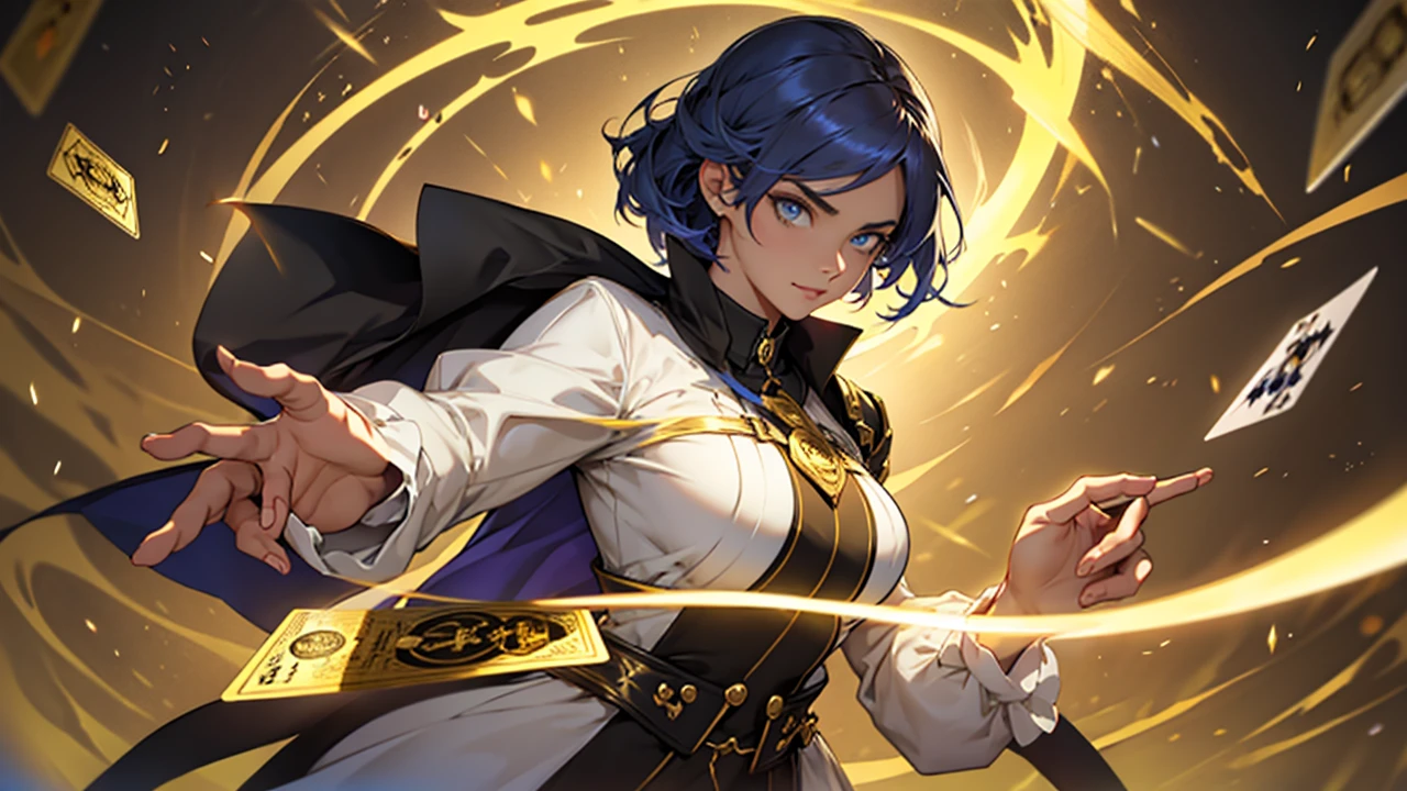 Female magician holding glowing gold card