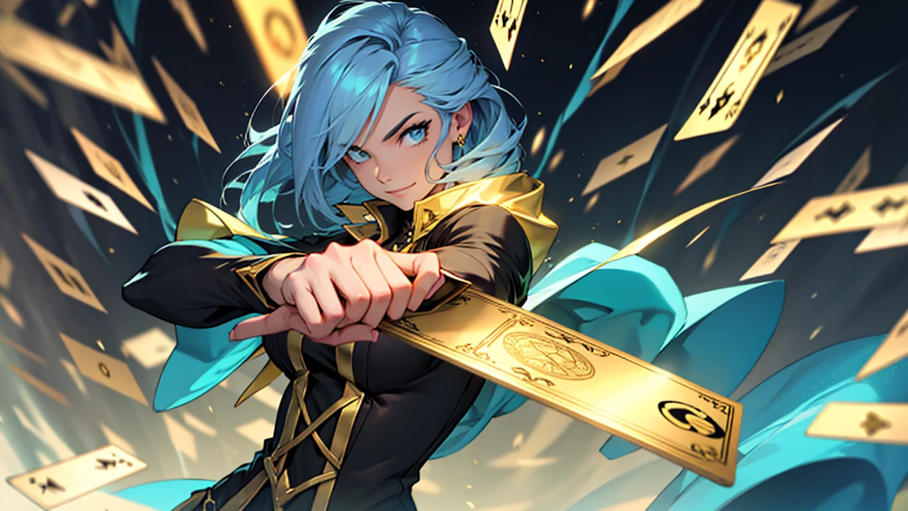 Female magician holding glowing gold card