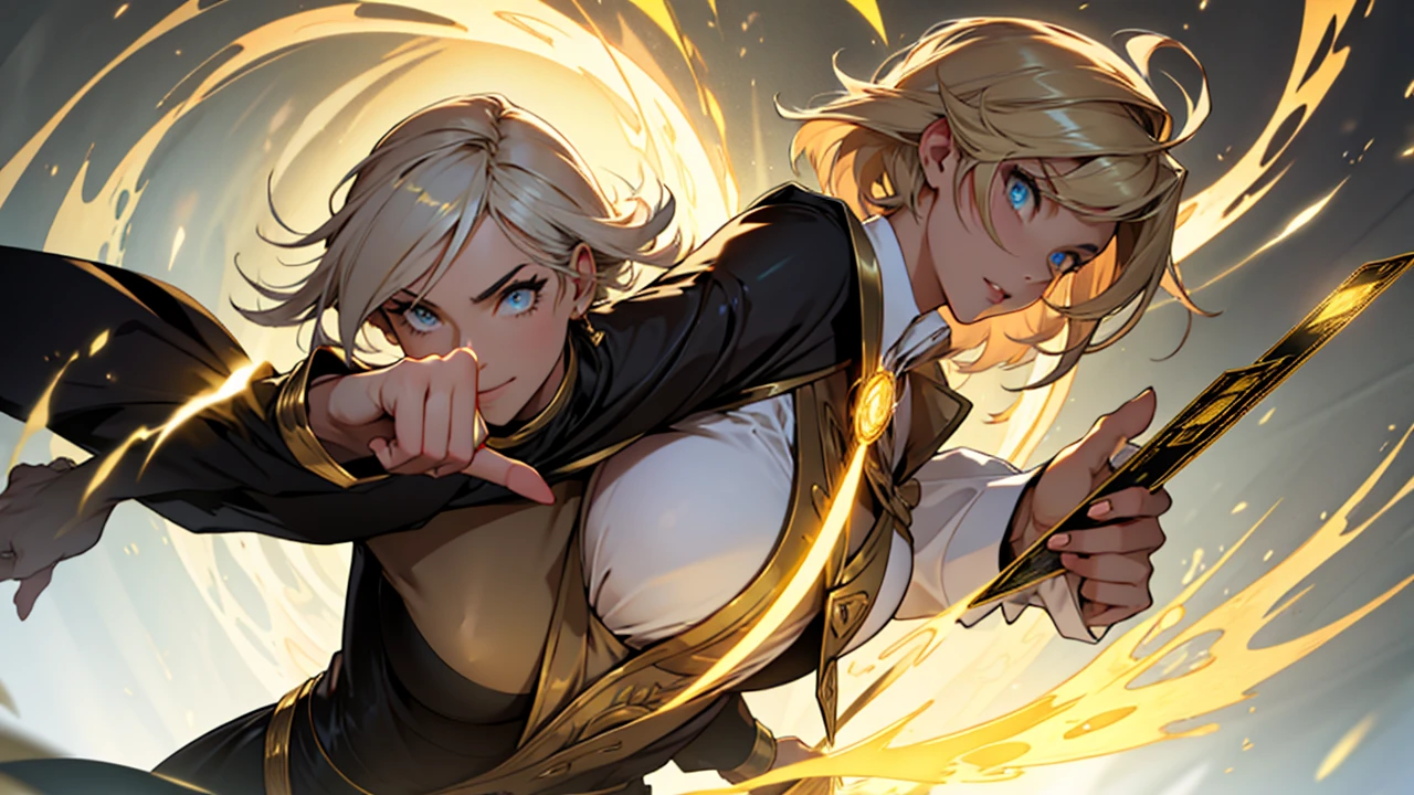 Female magician holding glowing gold card