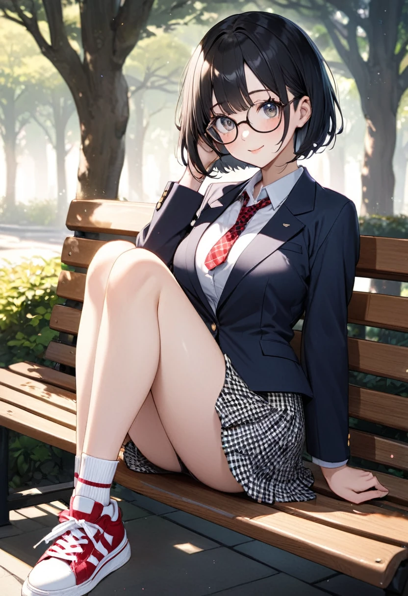(Beautiful 18 year old Japanese woman), Cute Face, blazer,Ribbon tie,Checkered Skirt, Glasses,tiny socks,sneakers,(Deeply chiseled face:0.7), (freckles:0.6), Soft Light,Healthy white skin, Black Hair,Bobcut, (), (Sparkling eyes), thin, full body shot,Very large breasts,,Sitting on a bench