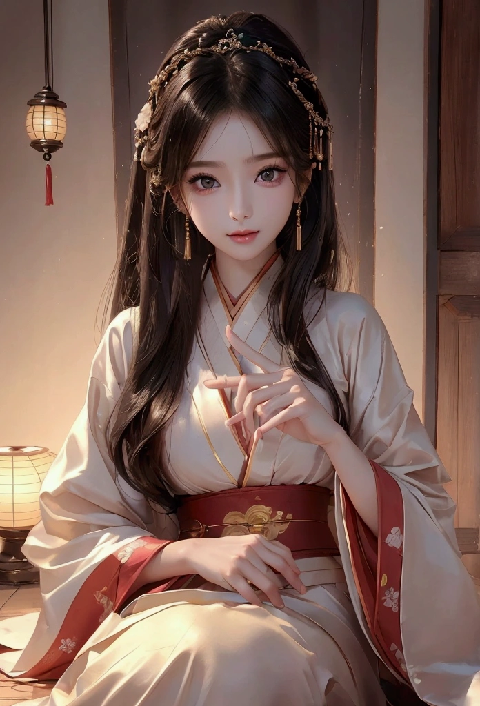 Best image quality、8k、masterpiece：1.3))、Realistic high-quality photos、Highest quality、 Beautiful face、Photos of slim models、Beautiful girl model、Young and pretty face、Beautiful model girl、A lovely and delicate face、Black Hair、Beautiful brown eyes、Young Body、Hanfu, (emphasize)、from the front、Camera gaze,、Anatomically correct、胸の谷間をemphasize、whole body、13-year-old female model、smile、Japanese women、Correct finger、Correct finger