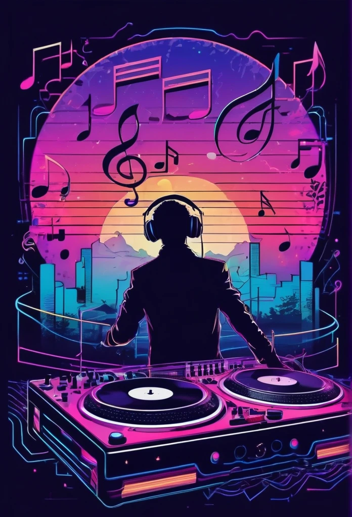 Vaporwave Aesthetic style, lines and lines,silhouette of several musical notes suspended in the air, an eighties DJ and his poineer dj set, vintage, magic, retro-futuristic, zentangle,