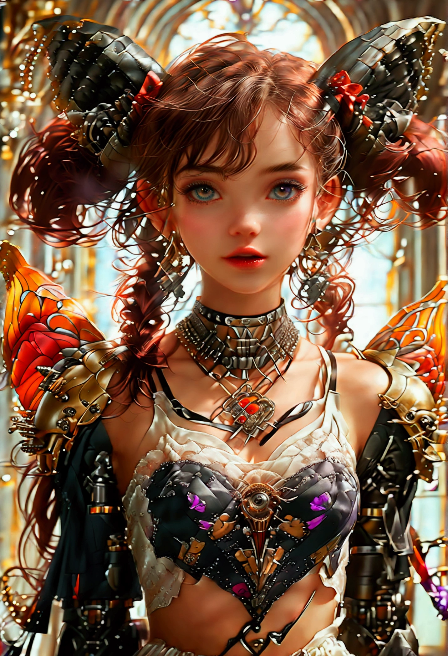 woman 160cm tall, (whole body: 1.5), (medium chest: 1.5), slim build, charming look, (((heterocromia: orange left eye and violet right eye))), ((loose wavy gray hair with chest length curls, short hair, two small side pigtails behind the ears, varied bangs, rose barrette on the left side of the hair)), (small ribbons at the back of the hair), (luminous purple halo, rose bowtie in halo), ((It has a small black succubus tail that ends in the shape of a heart)), (((It has complex mechanical arms that reach up to the forearm, The arms are black with burgundy and gray parts))), (elegant knee length one piece dress, small gray ribbon on the neck of the dress, small white apron with ruffles and ribbons, buttons in the middle of the bust, lace skirt, large bow at the back of the hip, ribbon decorations and star patterns on the dress), black and red platform heels, red belt at the waist with black heart with gold outline in the middle, black necklace with a 4-pointed star pendant on the neck, black high stockings, star design on stockings, (((character design sheet: vista 3/4))), ((whole body)), Extremely detailed beautiful hair, beautiful detailed dress, extremely detailed arms, extremely detailed face, (Extremely detailed hands), perfect hands, small face, beautiful detailed eyes, beautiful detailed lips, adorable, extremely detailed legs, (Best Quality, 8k, High resolution), ultra detailed, Exquisite and epic character art, ((Pastel yellow background)), (Focus on symmetry: 1.8), beautiful detailed succubus tail, multicolored ribbons, human ears.