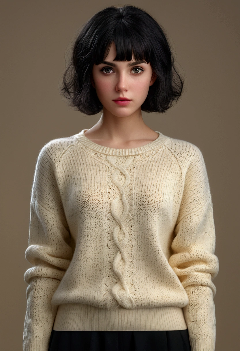 (masterpiece:1.3), (8k, Realistic, RAW Photos, Highest quality: 1.4), (One girl), Beautiful Face, (Realistic Face), (Black Hair, short hair:1.3), Beautiful hairstyle, Realistic eyes, Beautiful attention to detail, (Realistic Skin), Beautiful Skin, (sweater), Absurd, Charm, Ultra-high resolution, Ultra-realistic, Very detailed, Golden Ratio Full body portrait Generate slim