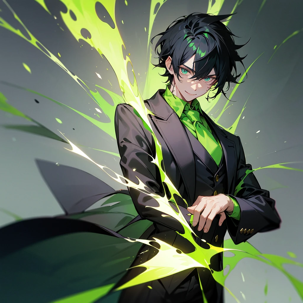 1 man with black hair , wearing a black overcoat covering his white shirt with a lime green tie and black dress pants with pockets and chains while wearing a white scarf with a tall white background with a smile and casting a spell in the form of a lime green time clock with his hair looking like Meliodas with a masculine but beautiful face with green flaming chains