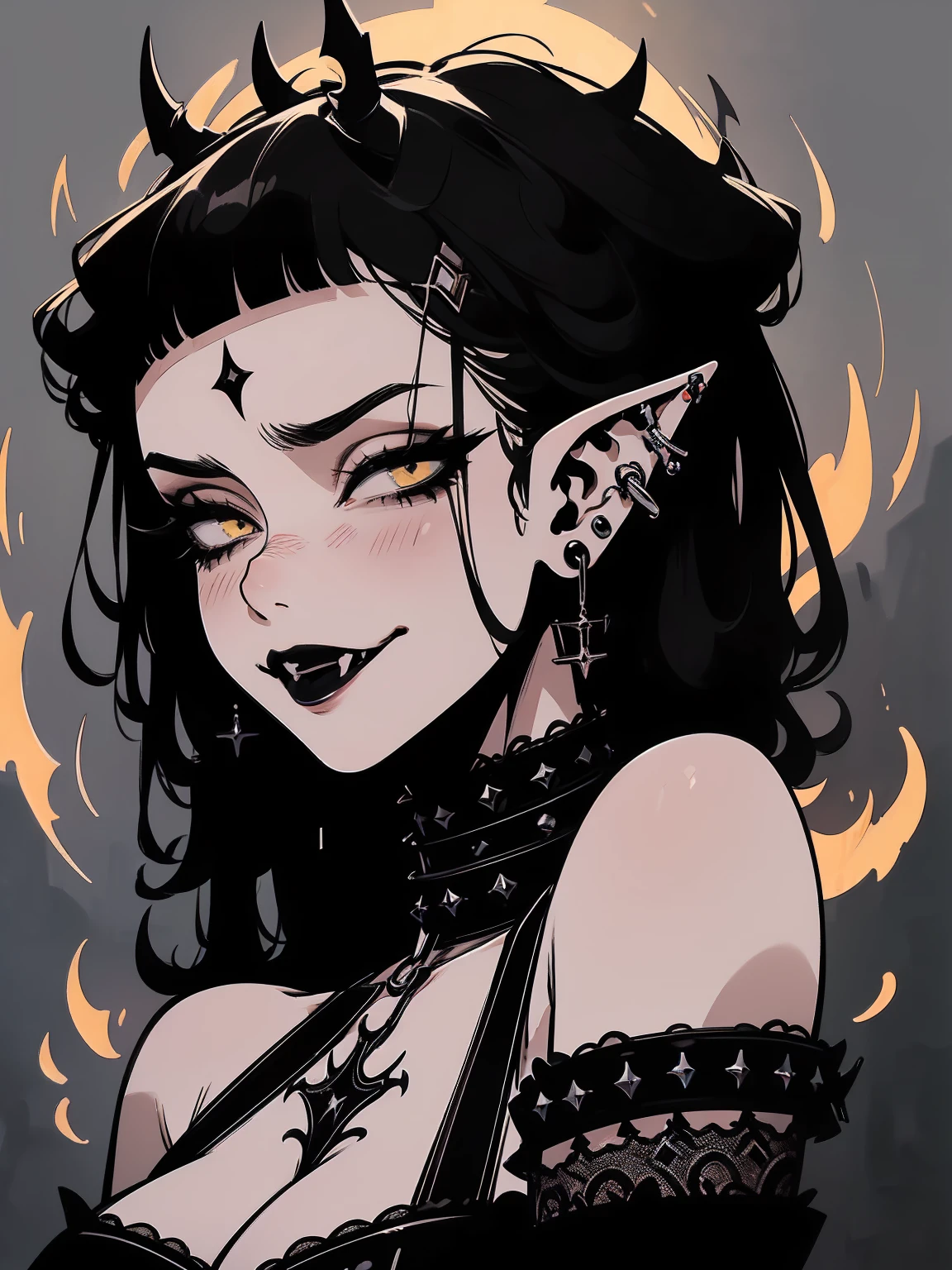 high détail, work of art, dramatic lighting(absurderes, high resolution, ultra detaild), extremely detailed 8k CG unit. mature face, adult Woman, Woman, mature Woman, elf, piercings, Short Wavy Black Hair and Bangs, fangs, yellow  eyes, modest black clothes, mad expression, whole body.