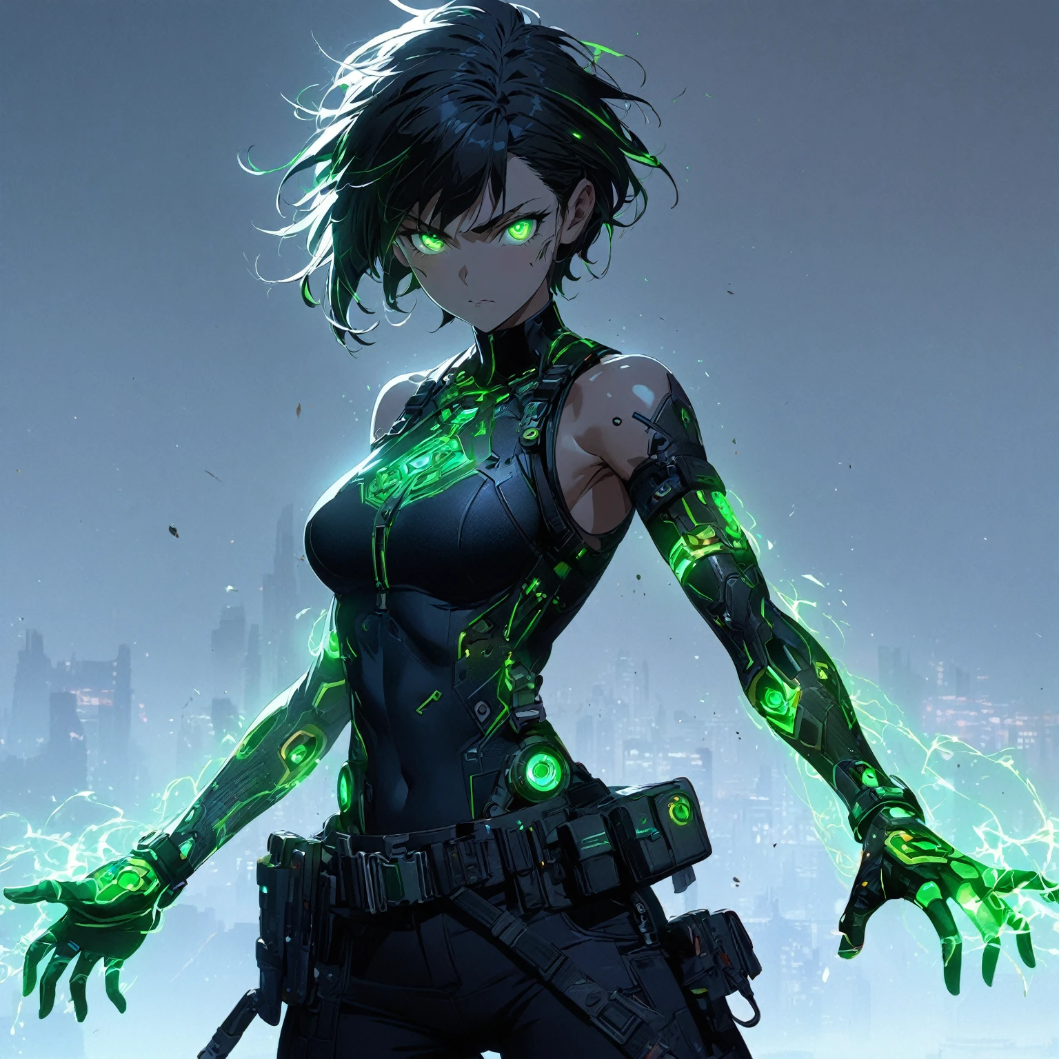 a girl with Slim, athletic build,Short, edgy hair with streaks of neon green,Intense, glowing green eyes,Fitted, (nude:0.9), NSFW, dark top with glowing green circuitry,standing in front of a city,Sleeveless or short-sleeved, showcasing glowing energy patterns on her arms,High-tech harness with energy nodes,Fingerless gloves with energy conduits,Dark, fitted pants with utility pockets,Belt with energy capsules and gadgets,Confident, determined expression,Energetic aura surrounding her hands and body, detailed gorgeous face| anime style| key visual| intricate detail| highly detailed| breathtaking| vibrant| panoramic| cinematic| Carne Griffiths| Conrad Roset| gibbli 8k