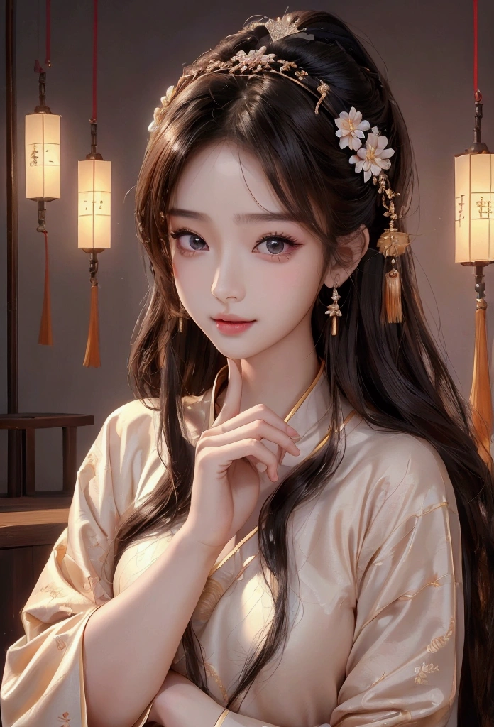 Best image quality、8k、masterpiece：1.3))、Realistic high-quality photos、Highest quality、 Beautiful face、Photos of slim models、Beautiful girl model、Young and pretty face、Beautiful model girl、A lovely and delicate face、Black Hair、Beautiful brown eyes、Young Body、Hanfu, (emphasize)、from the front、Camera gaze,、Anatomically correct、胸の谷間をemphasize、whole body、13-year-old female model、smile、Japanese women、Correct finger、Correct finger