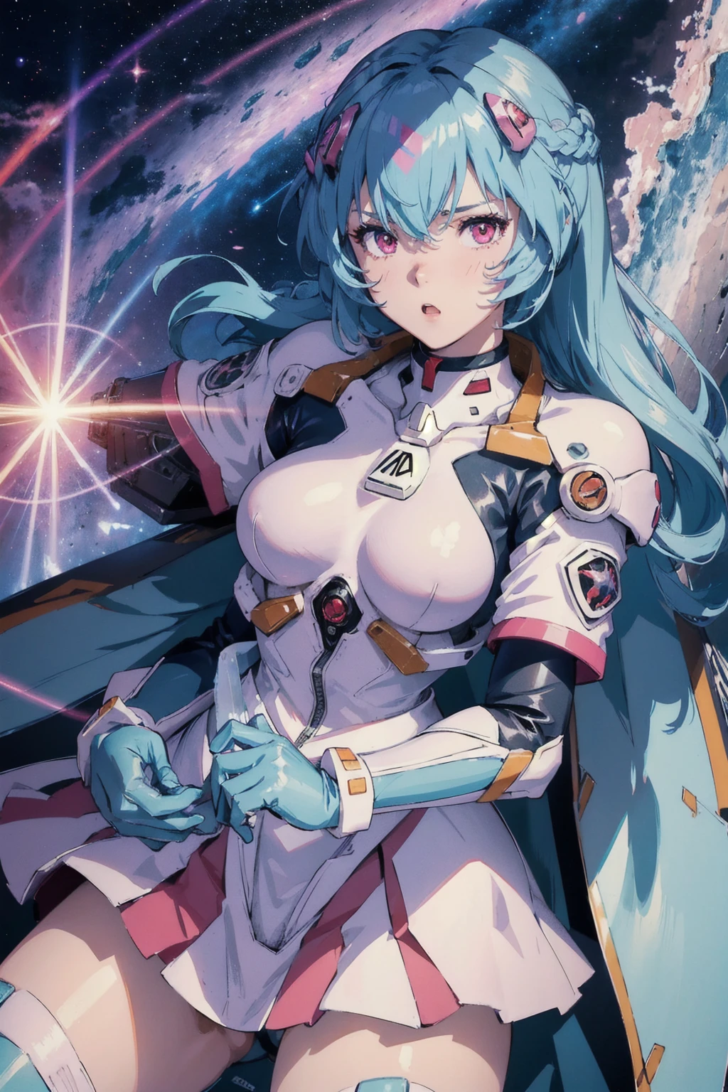 RAW Image Quality, A super cute girl is wearing a pink jacket armor, Mechanical Wing, Space War Background, Rainbow Aura Body, Supernova Power, Light blue hair, Red eyes, Perfect body, sexy, Neon glow, Beam sabre, sad mood, Very detailed, Preparing for battle, mecha musume, Beautiful Eyes, Detailed face,