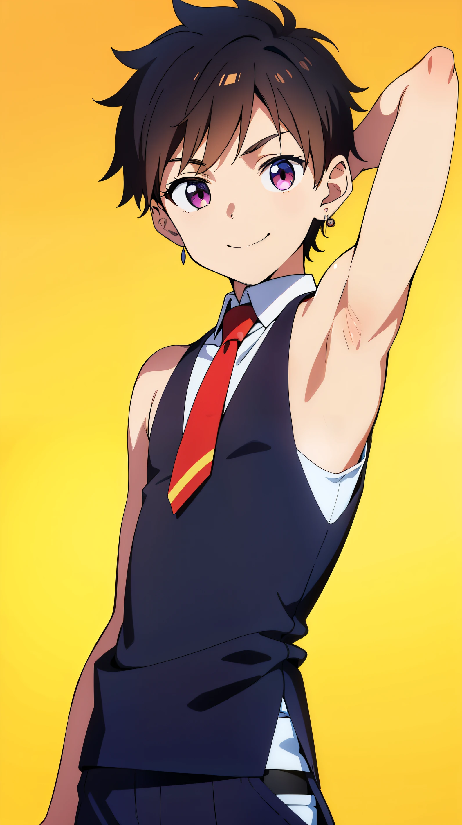 Highres, Masterpiece, Best quality at best,Best Quality,hight quality, hight detailed, Anime style, 1boy, Boy, Shota, Solo person, young boy, Sleeveless , , colar,bare shoulder, Tie, School, day, Slim body, smile, earring, Body, Simple beckground, Seen from the front, The armpits of a boy, Adorable little armpits, Give me a proportional picture of a 12 year oldits, (Showing armpit:1.3), age 12, (very young boery small short body), uhd, bokeh