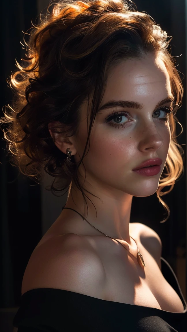 Emma Watson, (((surreal))) photoshot, work of art, Maximum quality, (pale skin), (super verbose face and eyes:1.3), 1 girl, Adult, wearing a black tshirt, A necklace hangs on the chest, necklace neckline, (eye make up, black mascara) , ((big fit ass, delicate lips)), ((dark and curly hair)), ((Chiolca)) , (natural breasts), ((pose)), photoshot shooting, (sidelight), (The play of light and shadow), Depth of field, bokeh, (Special attention to skin details: 1.2), Detailed leather texture, skin pore. (dark atmosphere frame. Color range - black, tangerine, rot, tuning), Grão Dlm), (lightning strikes), ((sheen)), ((portraite, close to the camera)) , super verbose,