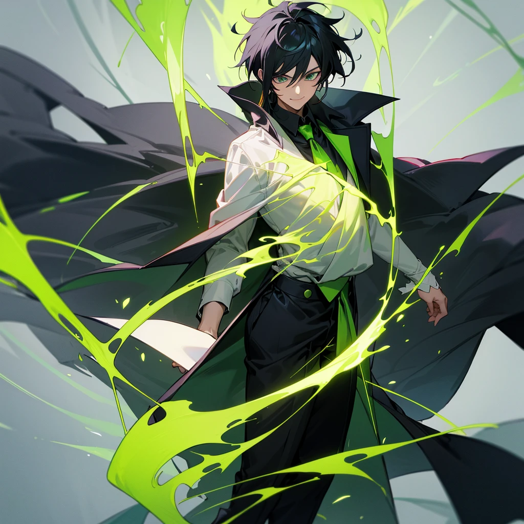 1 man with black hair , wearing a black overcoat covering his white shirt with a lime green tie and black dress pants with pockets and chains while wearing a white scarf with a tall white background with a smile and casting a spell in the form of a lime green time clock with his hair looking like Meliodas with a masculine but beautiful face with green flaming chains