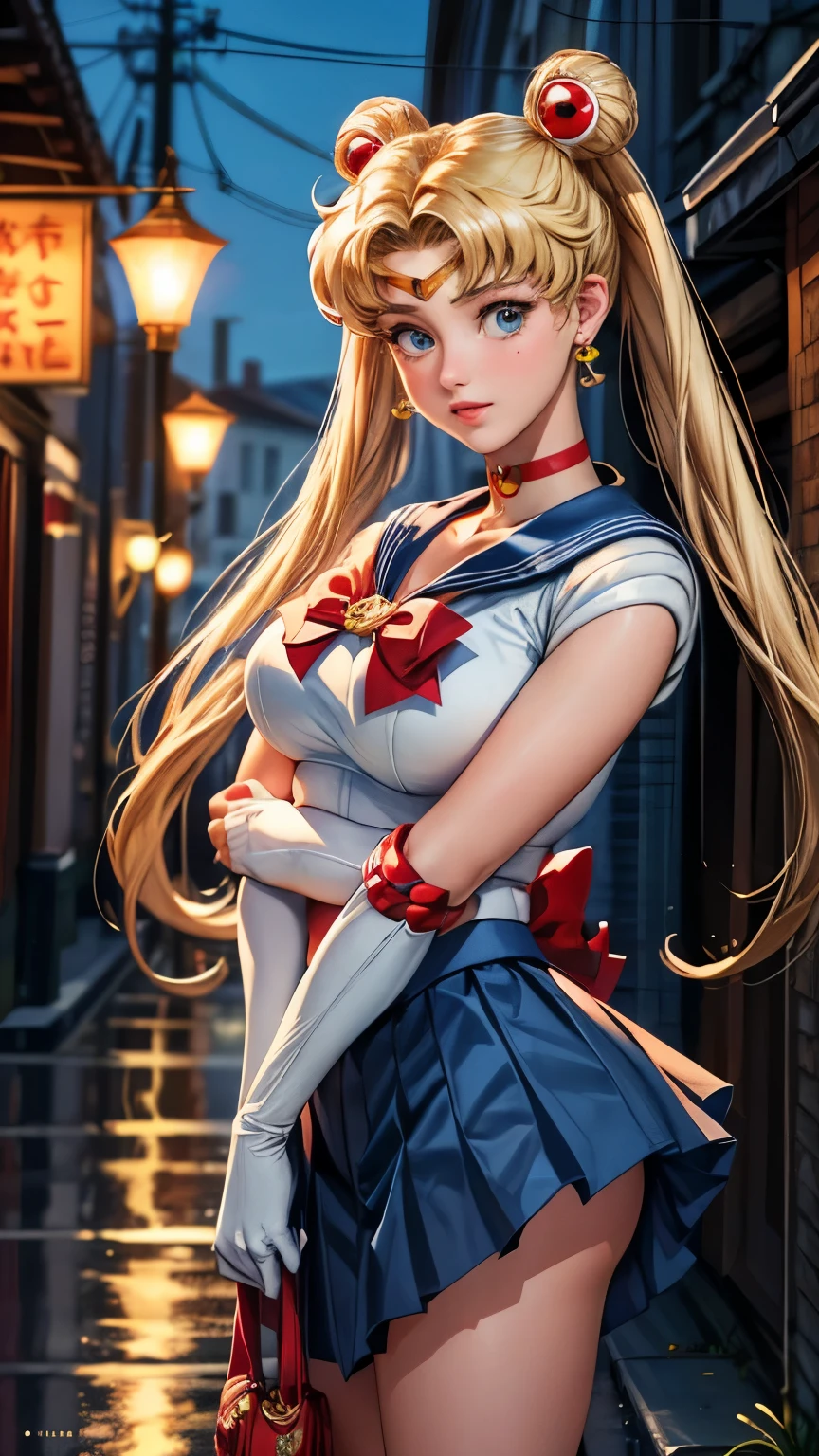 (masterpiece, Highest quality:1.2), (Realistic, photo-Realistic:1.4), RAW Photos, High resolution, Very detailed, Intricate details, Realistic and sharp details, Cinema Lighting, Portraiture, Front view, (Sailor Moon, tsukino usagi, Honestly), alone, One girl, 16-year-old female, Cute Face, Baby Face, (Wearing a Sailor Warrior uniform:1.2), (Seductive pose:1.2), (Huge breasts, Round Breasts:1.5), (Long Hair, Blonde, Double Bang, Twin tails:1.6), (Elbow Handbags, White gloves, Dark Blue Color, Low cut skirt, Short skirt, Dark blue mini skirt, Circlet, Red choker, jewelry, Red bow tie, Red Boots:1.5), (Detailed face, Detailed eyes, Beautiful Eyes, Refined nose), Pale skin, Fine skin,
Photo Background, Outdoor, Sidewalk, Daytime,
