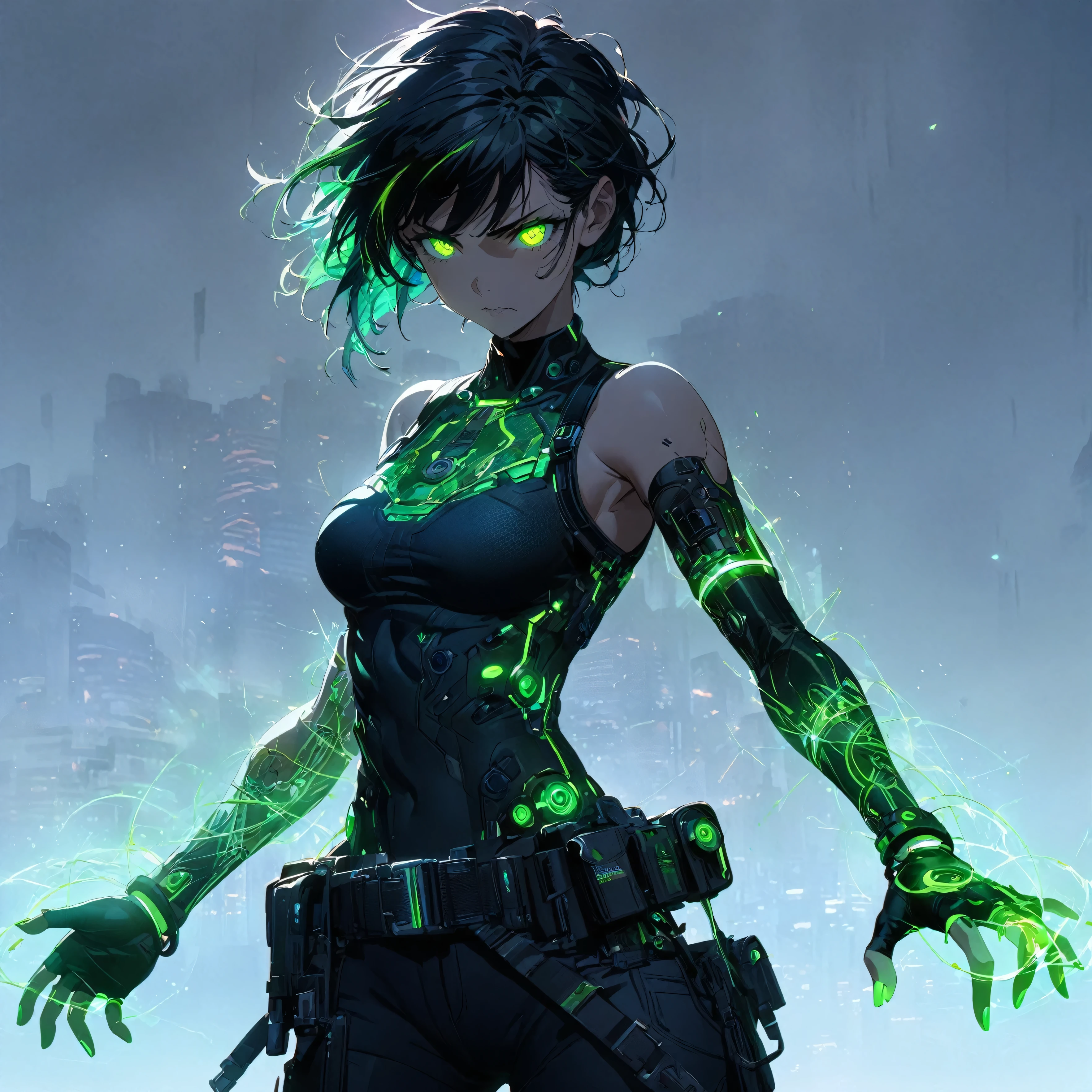 a girl with Slim, athletic build,Short, edgy hair with streaks of neon green,Intense, glowing green eyes,Fitted, (nude:0.9), NSFW, dark top with glowing green circuitry,standing in front of a city,Sleeveless or short-sleeved, showcasing glowing energy patterns on her arms,High-tech harness with energy nodes,Fingerless gloves with energy conduits,Dark, fitted pants with utility pockets,Belt with energy capsules and gadgets,Confident, determined expression,Energetic aura surrounding her hands and body, detailed gorgeous face| anime style| key visual| intricate detail| highly detailed| breathtaking| vibrant| panoramic| cinematic| Carne Griffiths| Conrad Roset| gibbli 8k