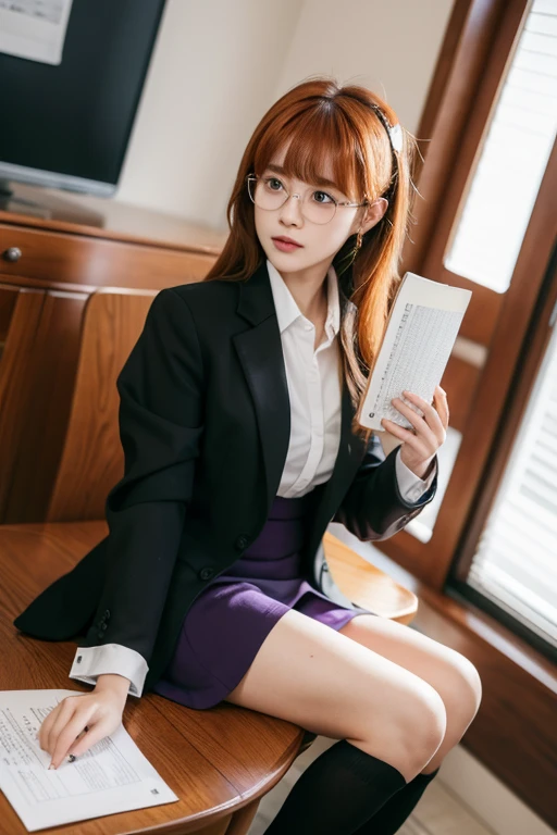 A lady sitting on a chair,Holding a notebook in hand, Wearing a serious black suit, sitting on the table, Strictly abide by, on the table, Strictly abide by, japanese goddess, Knee-high socks and skirt, sitting at her desk, 坐on the table, sitting at desk, wearing a suit, elegant legs, Looking ahead, cross legs, Sakura double leaves, Orange Hair, Bangs, Purple Eyes, violet eyes, Glasses, white button shirt, earphone, Thickness, Green Jacket, Thick thighs