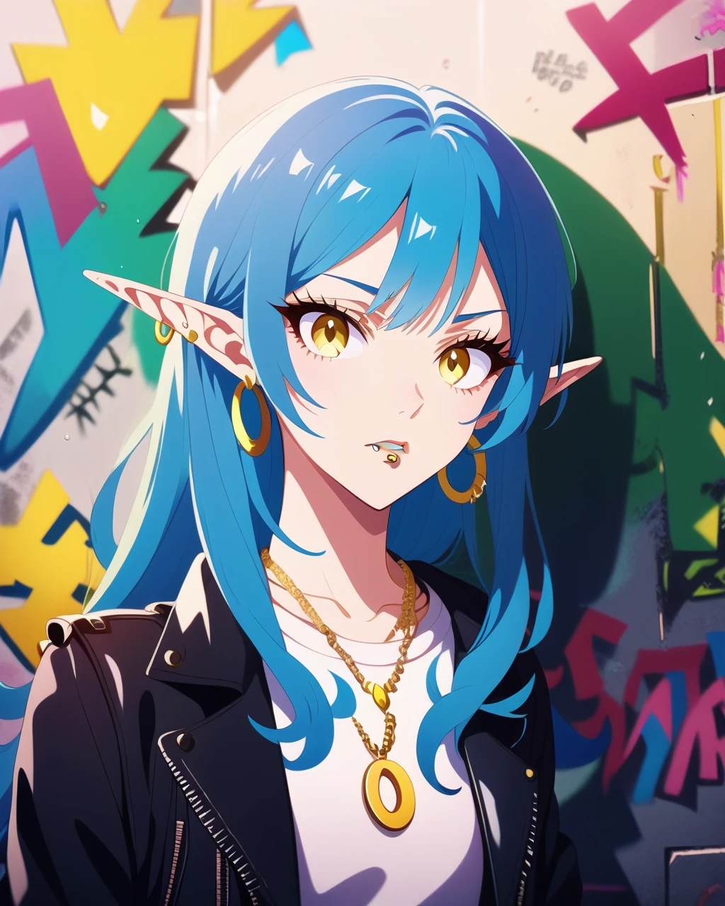 Fraction_9,Fraction_8_Direction_7_up, Blue haired elf woman, upper body, Necklace, Black leather jacket, White T-shirt, Hoop Earrings, Lip ring, Long hair, Yellow eyes, Graffiti Wall