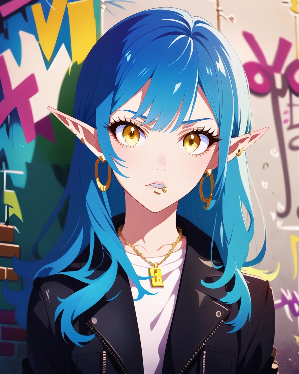 Fraction_9,Fraction_8_Direction_7_up, Blue haired elf woman, upper body, Necklace, Black leather jacket, White T-shirt, Hoop Earrings, Lip ring, Long hair, Yellow eyes, Graffiti Wall