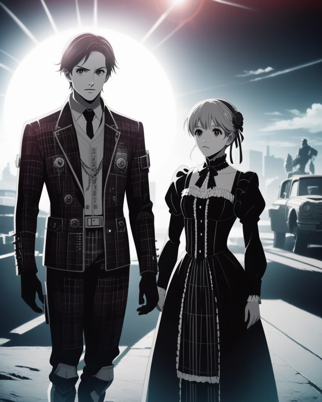 There was a man standing side by side with a woman in costume, Victorian-era science fiction inspired, Hugh Kretschmer, Plaid Clothing, Wearing ornate armor, Daguerreotype, Photography 2009, Widescreen lens, Black and white color photography, Fashion Photography Art, CG society!, Mad Max style, Scottish Folklore, Kenny McBride